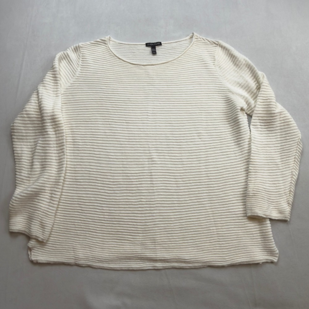 Eileen Fisher Linen/Cotton Blend Cream Ribbed Knit Long Sleeve‎ Sweater Top Med